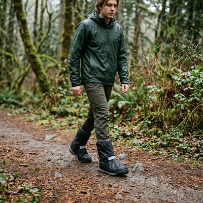 Couvre-chaussure imperméable sur sentier mouillé