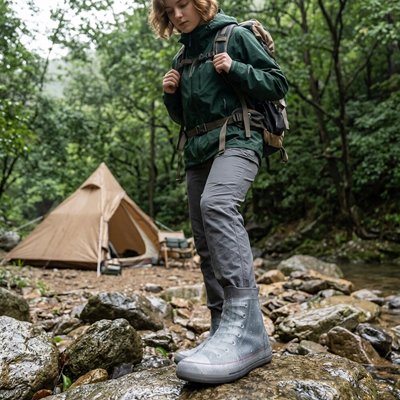 Couvre-chaussure imperméable porté en randonnée