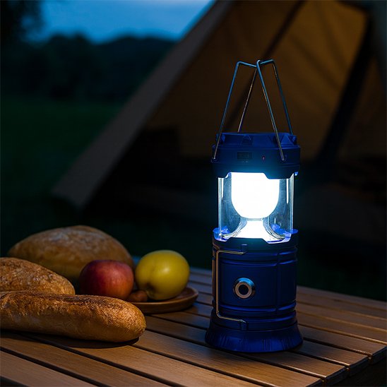 Lampe camping rechargeable LED allumée