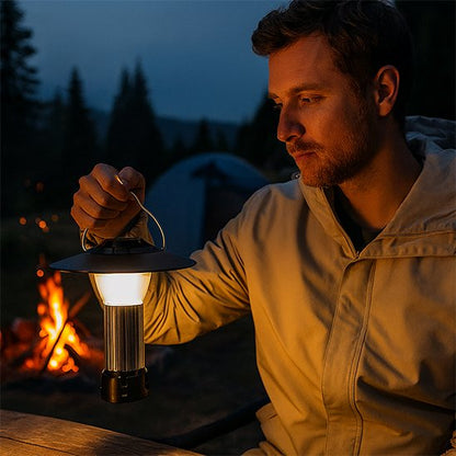 Lampe camping rechargeable éclairant un campement