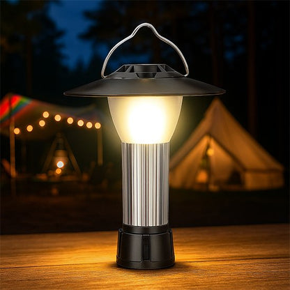Lampe camping rechargeable allumée en bivouac