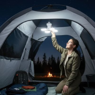 Lampe camping rechargeable LED allumée
