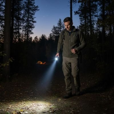 Lampe torche LED éclairant sentier trek