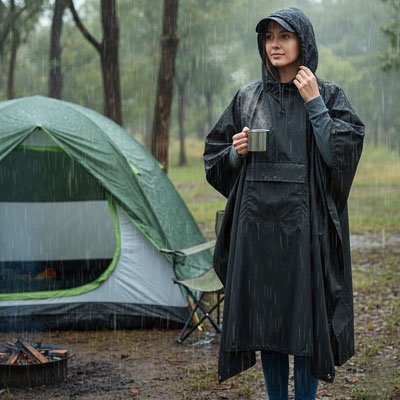 Poncho ultra-compact porté sous averse
