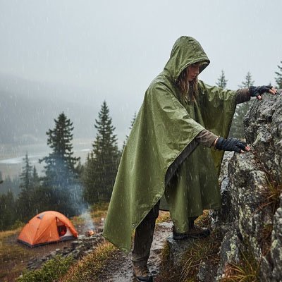 Poncho imperméable camping sous averse